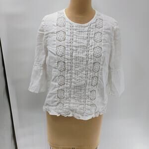 120% Lino Crochet Macrame and Ruffle Detail Covered Buttons Shirt L